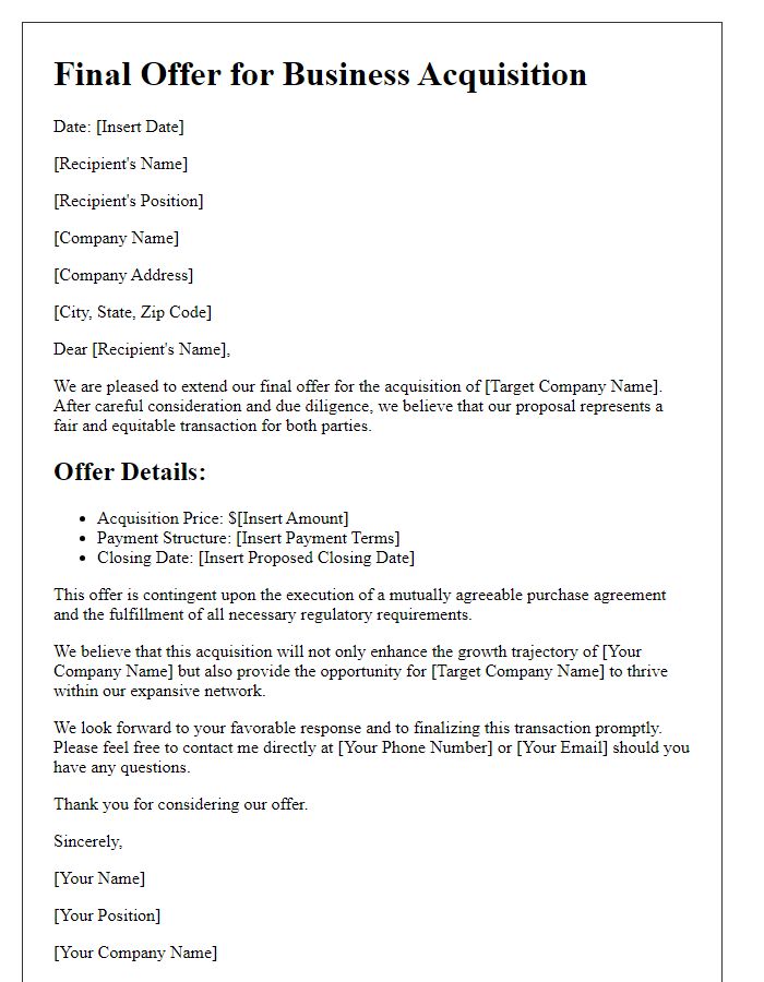 Letter template of business acquisition final offer.