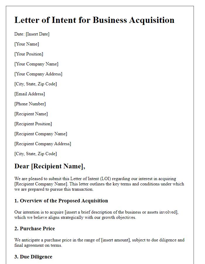 Letter template of business acquisition intent.