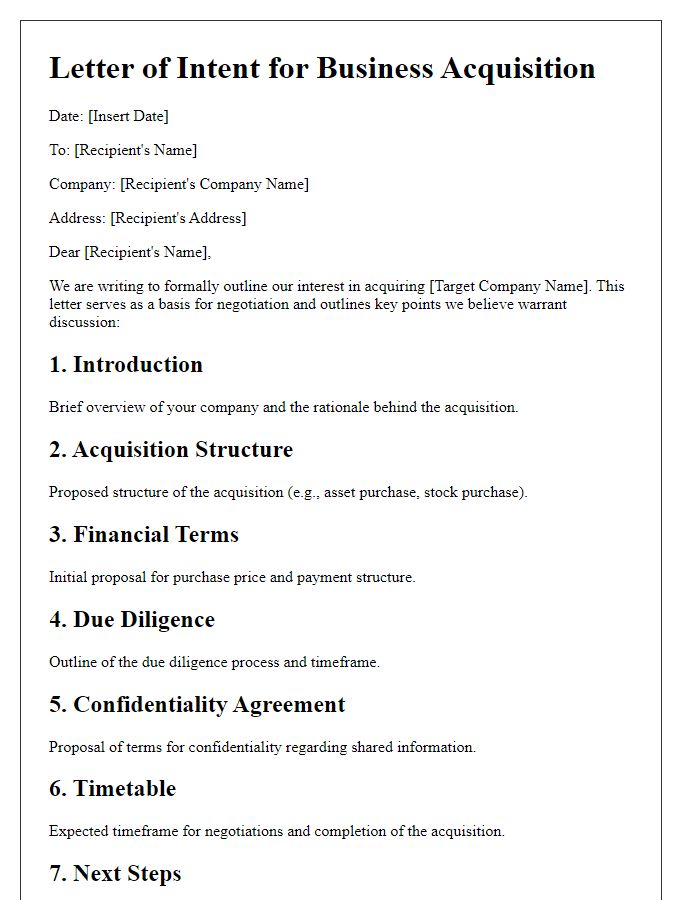 Letter template of business acquisition negotiation outline.