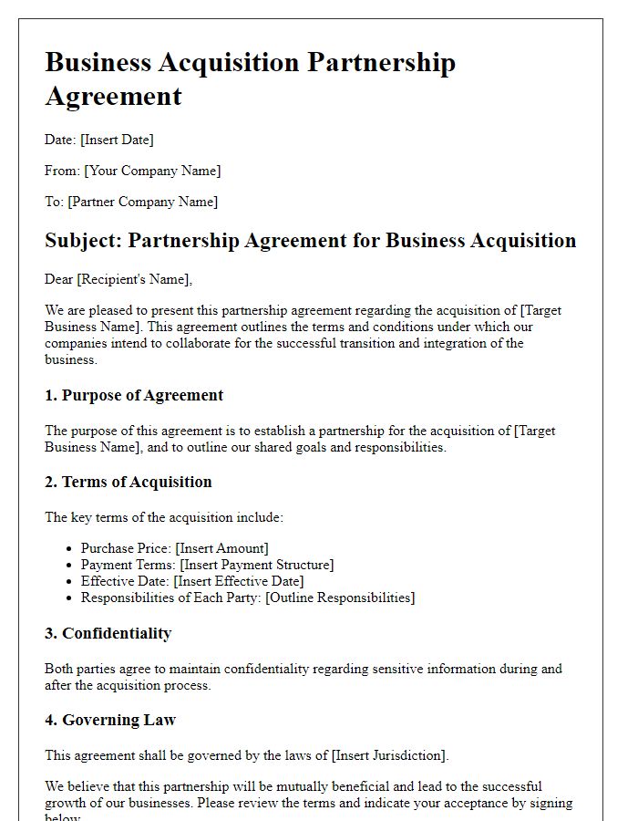 Letter template of business acquisition partnership agreement.