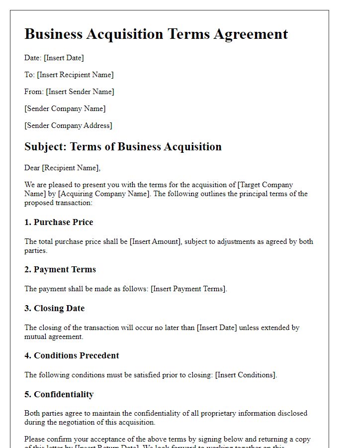 Letter template of business acquisition terms agreement.