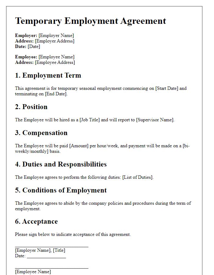 Letter template of temporary employment agreement for seasonal work.