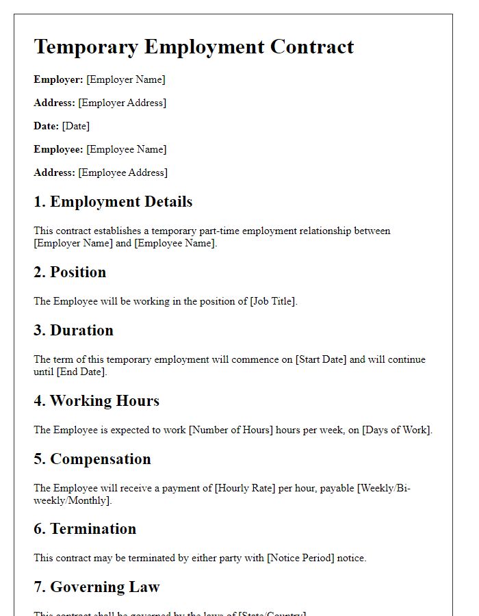 Letter template of temporary employment contract for part-time positions.