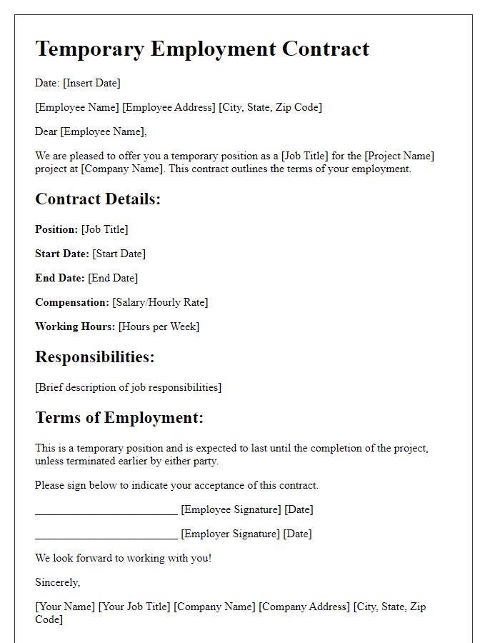 Letter template of temporary employment contract for project-based roles.