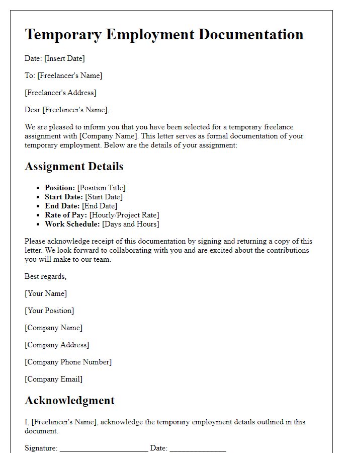 Letter template of temporary employment documentation for freelance assignments.