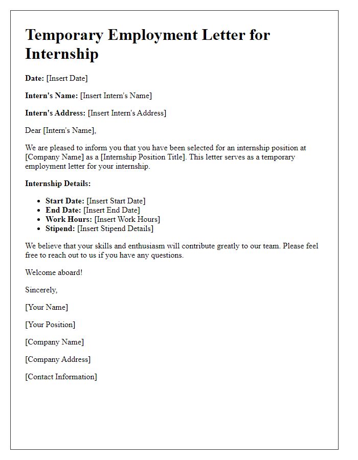 Letter template of temporary employment letter for internship opportunities.