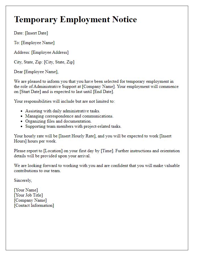 Letter template of temporary employment notice for administrative support.