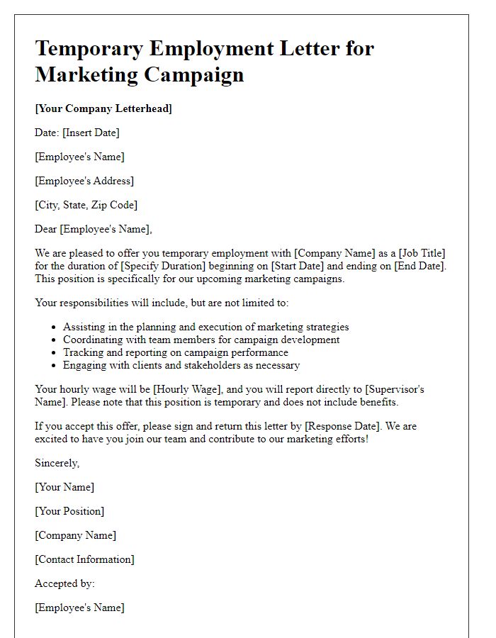 Letter template of temporary employment outline for marketing campaigns.