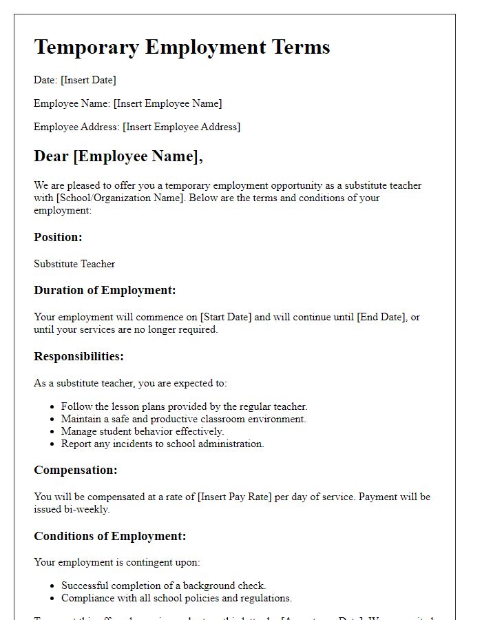 Letter template of temporary employment terms for substitute teaching.