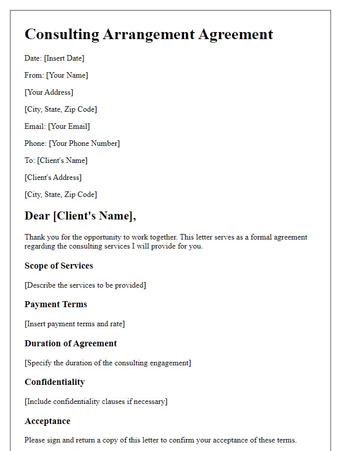 Letter template of consulting arrangement documentation