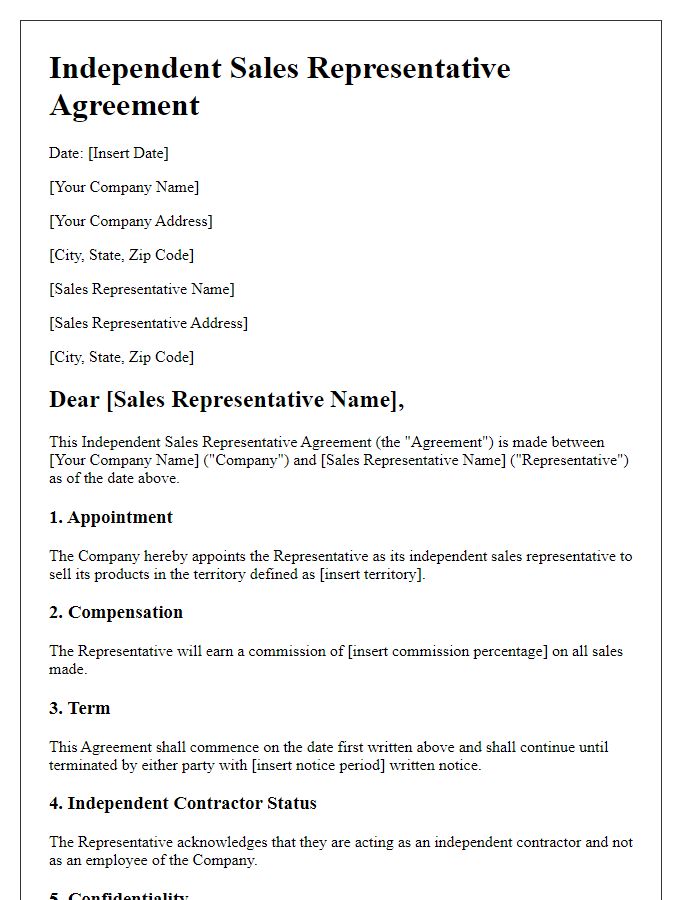 Letter template of Independent Sales Representative Agreement