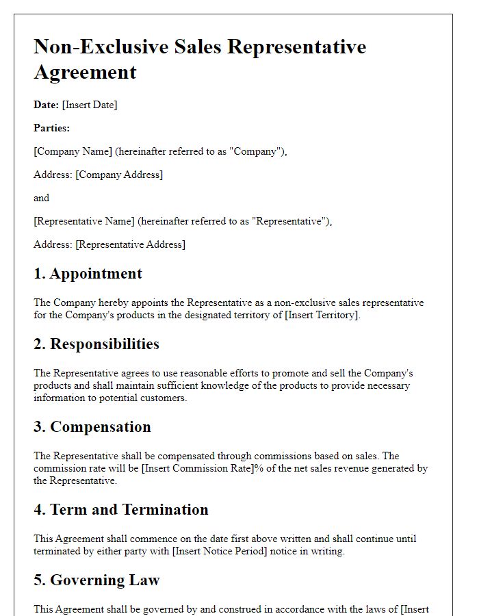 Letter template of Non-Exclusive Sales Representative Agreement