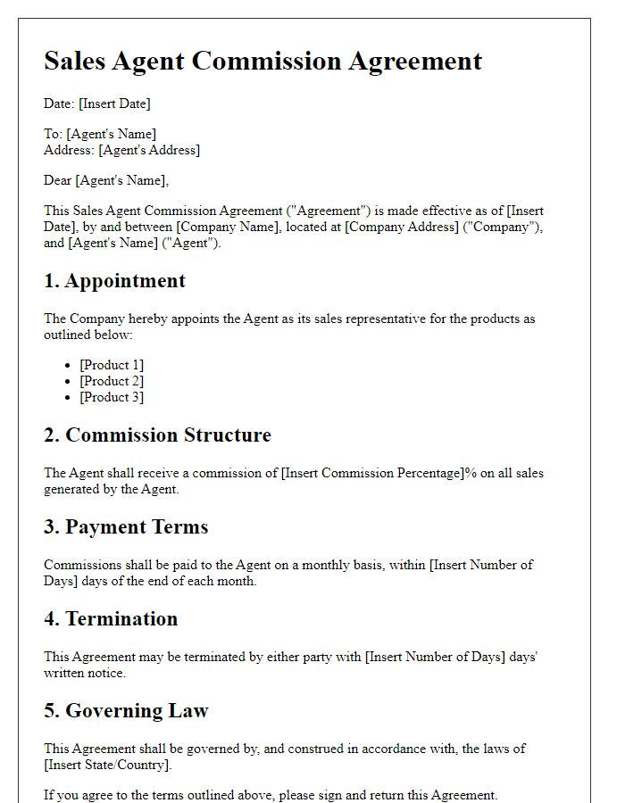 Letter template of Sales Agent Commission Agreement