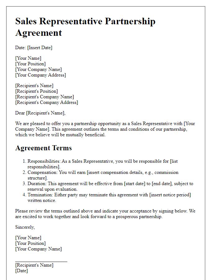 Letter template of Sales Representative Partnership Agreement