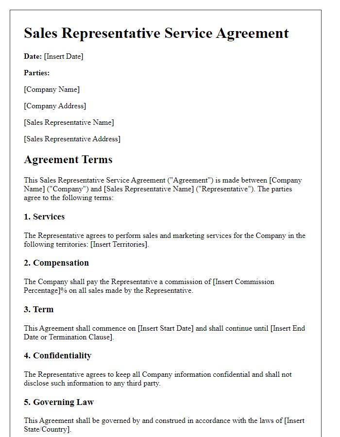 Letter template of Sales Representative Service Agreement