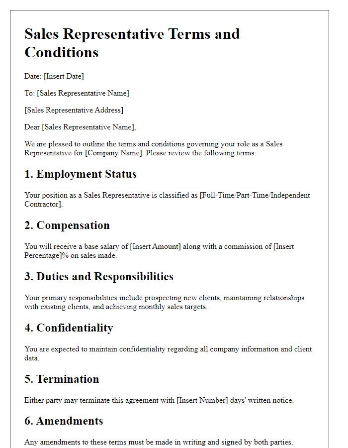 Letter template of Sales Representative Terms and Conditions