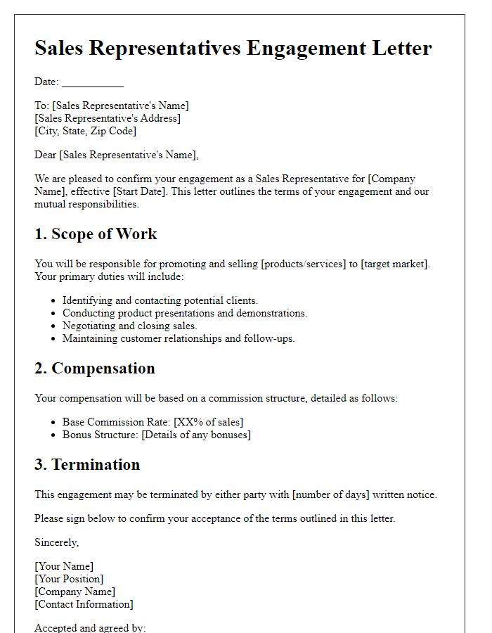 Letter template of Sales Reps Engagement Letter