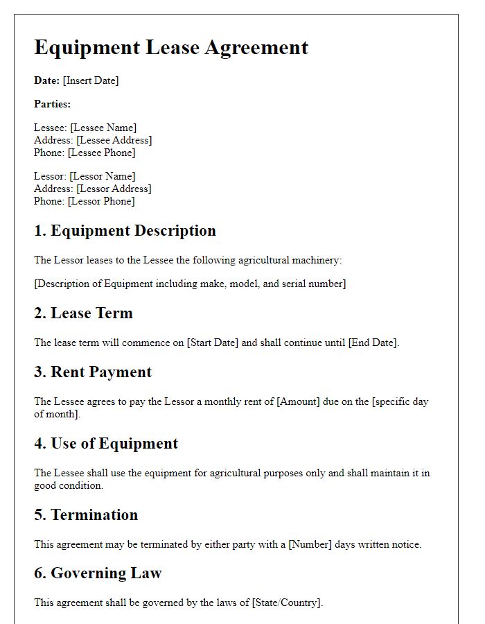 Letter template of Equipment Lease Agreement for Agricultural Machinery