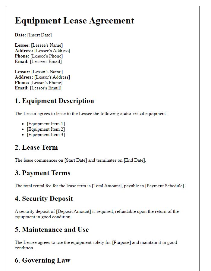 Letter template of Equipment Lease Agreement for Audio-Visual Equipment