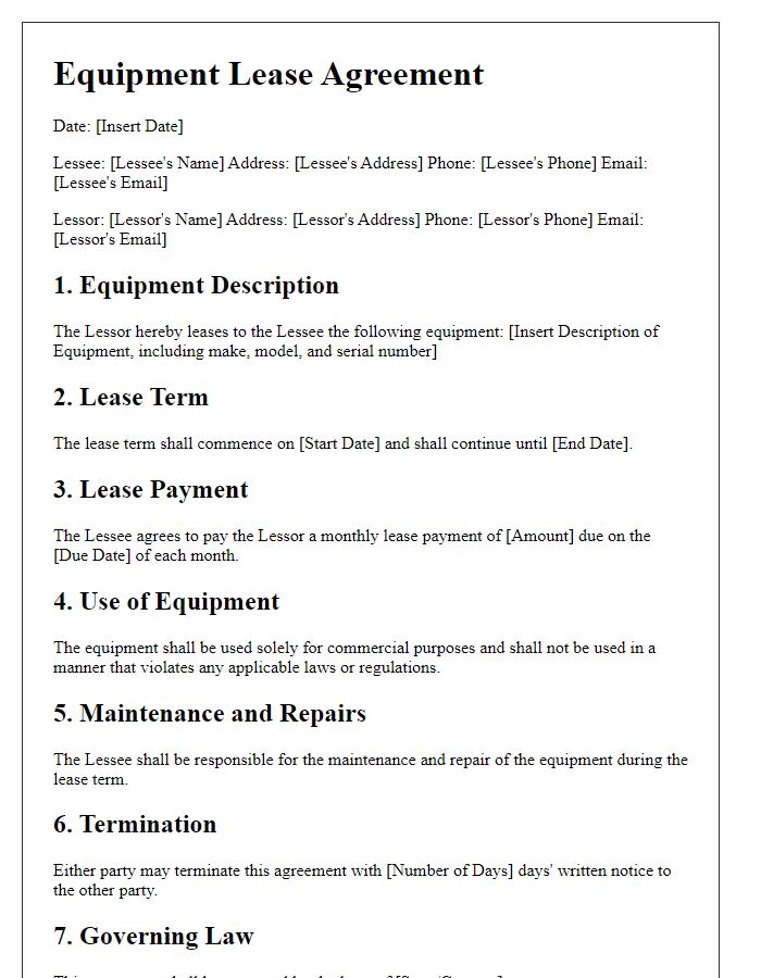 Letter template of Equipment Lease Agreement for Commercial Use