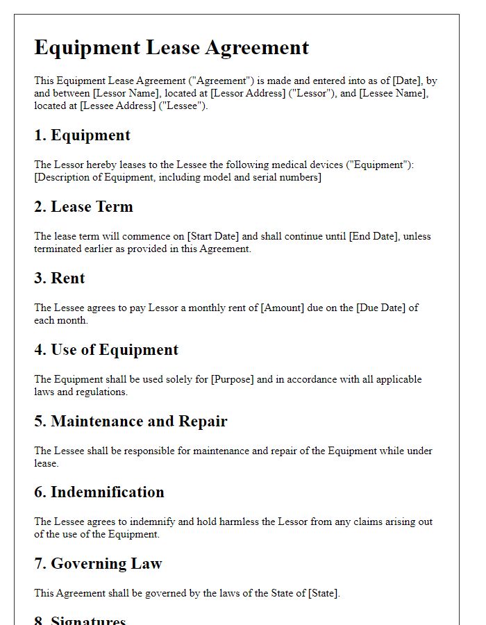 Letter template of Equipment Lease Agreement for Medical Devices