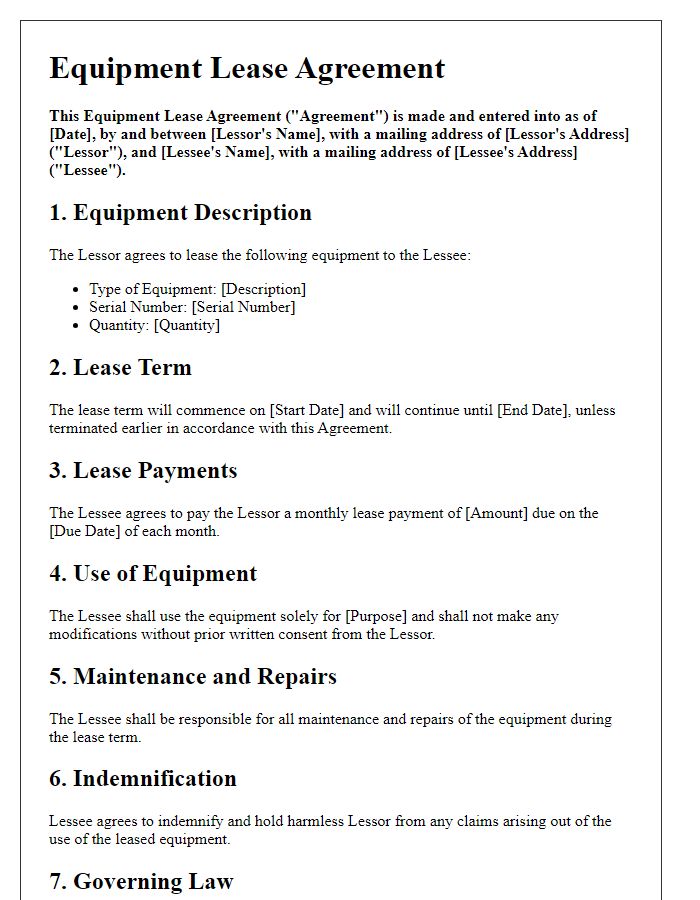 Letter template of Equipment Lease Agreement for Office Equipment