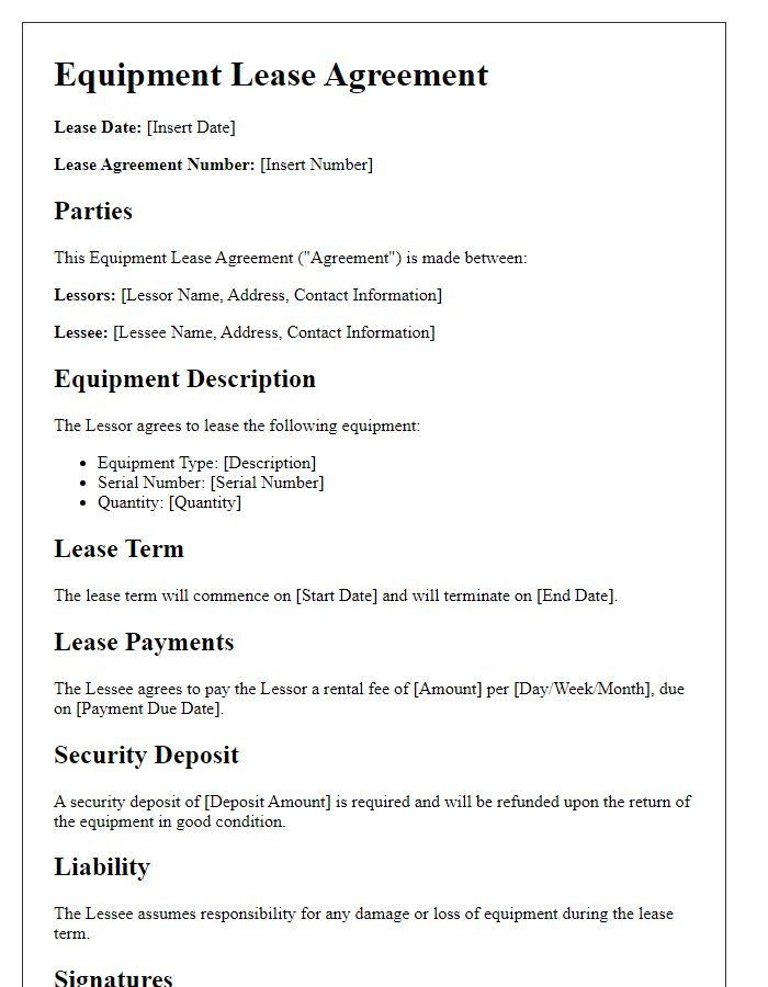 Letter template of Equipment Lease Agreement for Short-Term Rentals