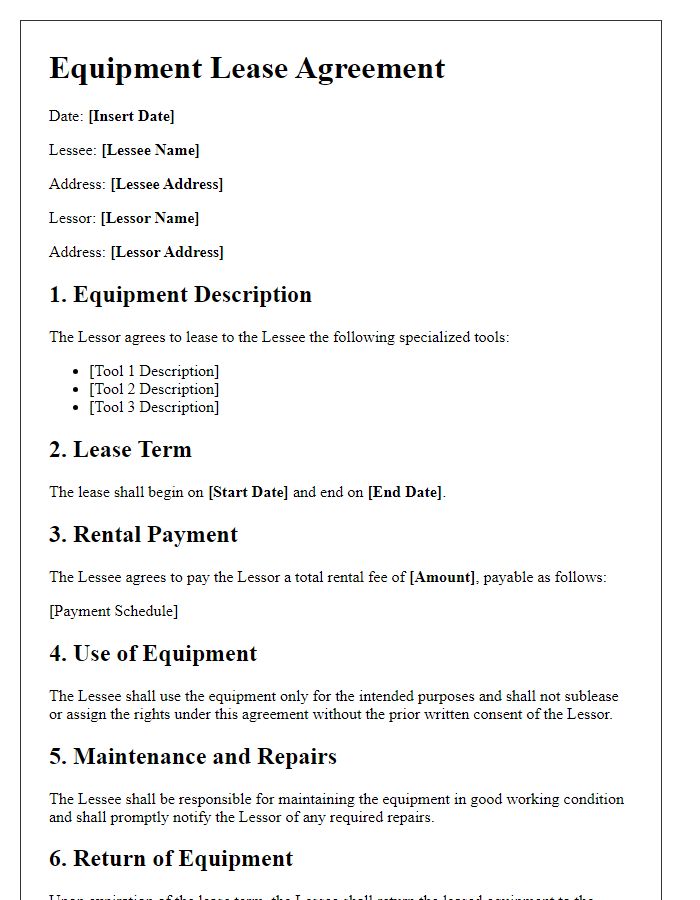 Letter template of Equipment Lease Agreement for Specialized Tools