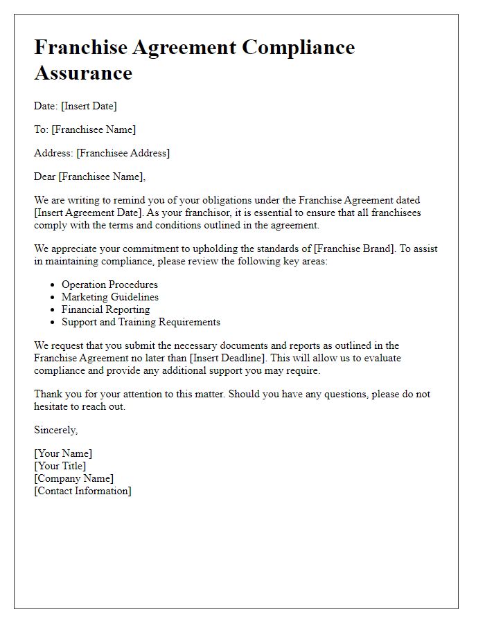 Letter template of Franchise Agreement Compliance Assurance