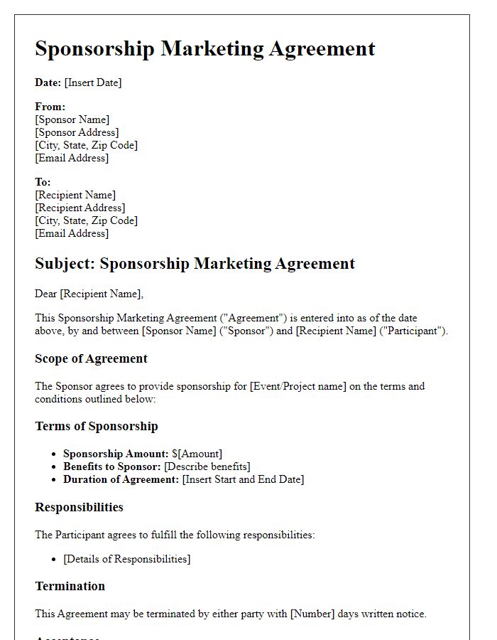 Letter template of sponsorship marketing agreement