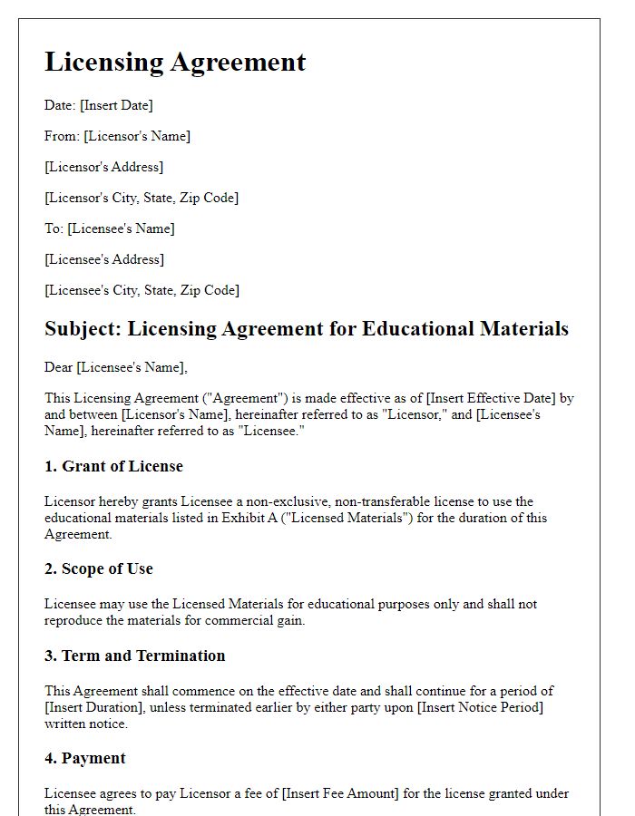 Letter template of licensing agreement for educational materials