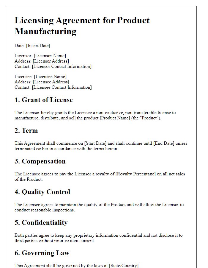 Letter template of licensing agreement for product manufacturing