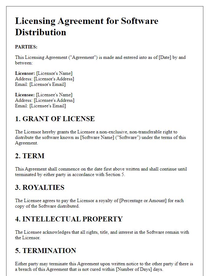 Letter template of licensing agreement for software distribution