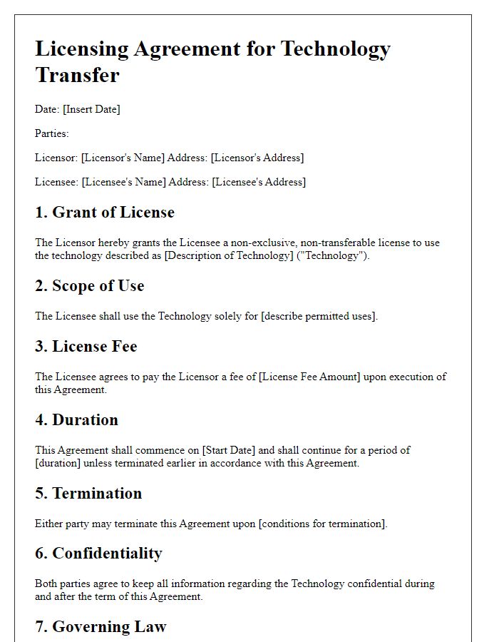 Letter template of licensing agreement for technology transfer