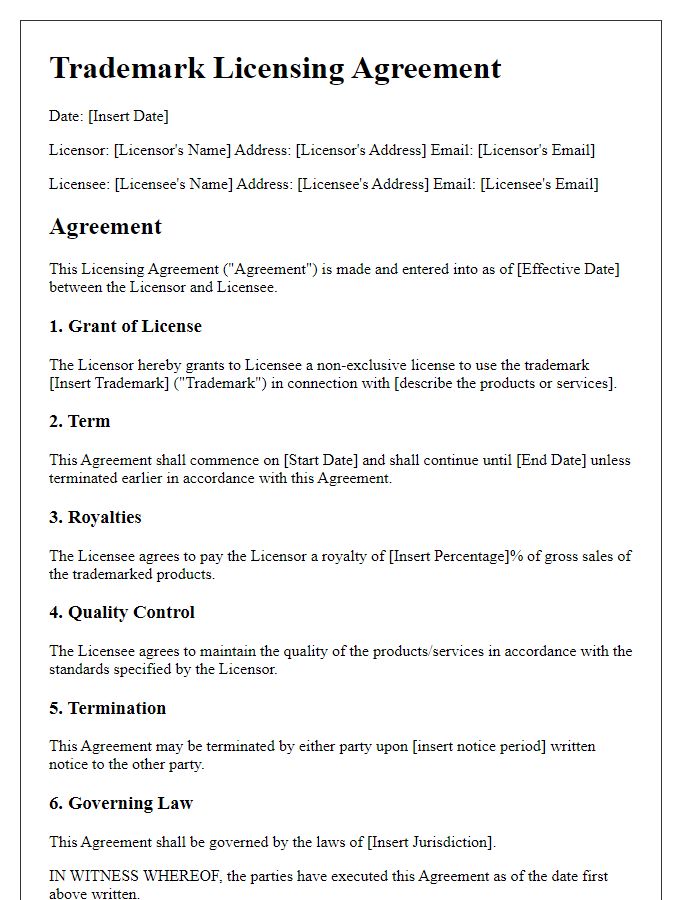 Letter template of licensing agreement for trademark usage