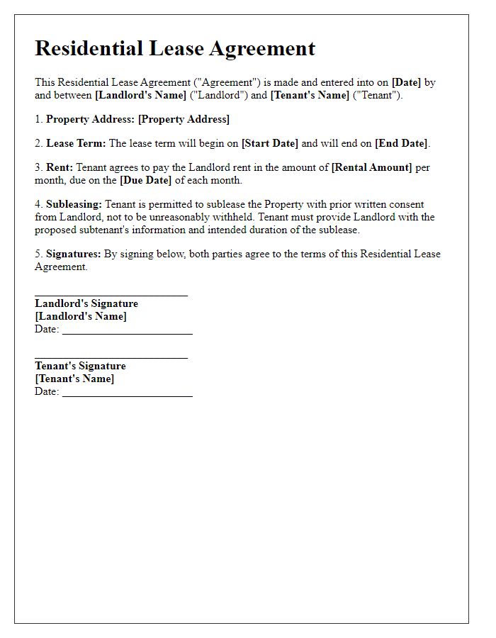 Letter template of residential lease agreement allowing subleasing