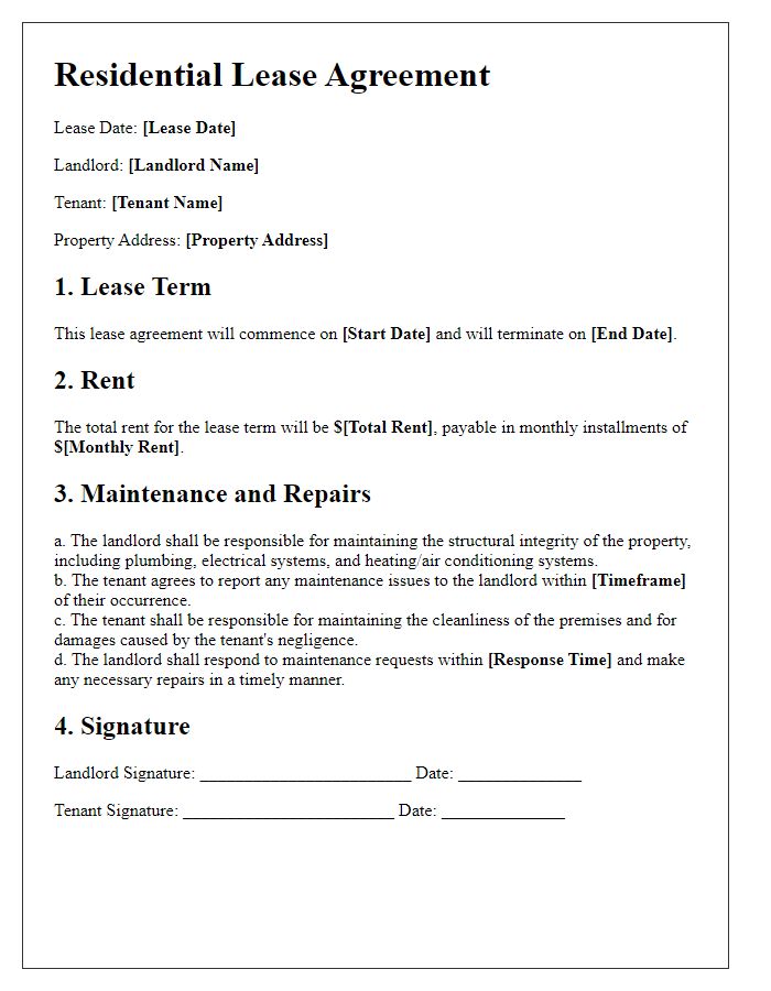 Letter template of residential lease agreement with maintenance clauses