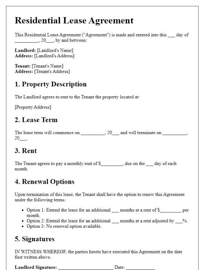 Letter template of residential lease agreement with options for renewal