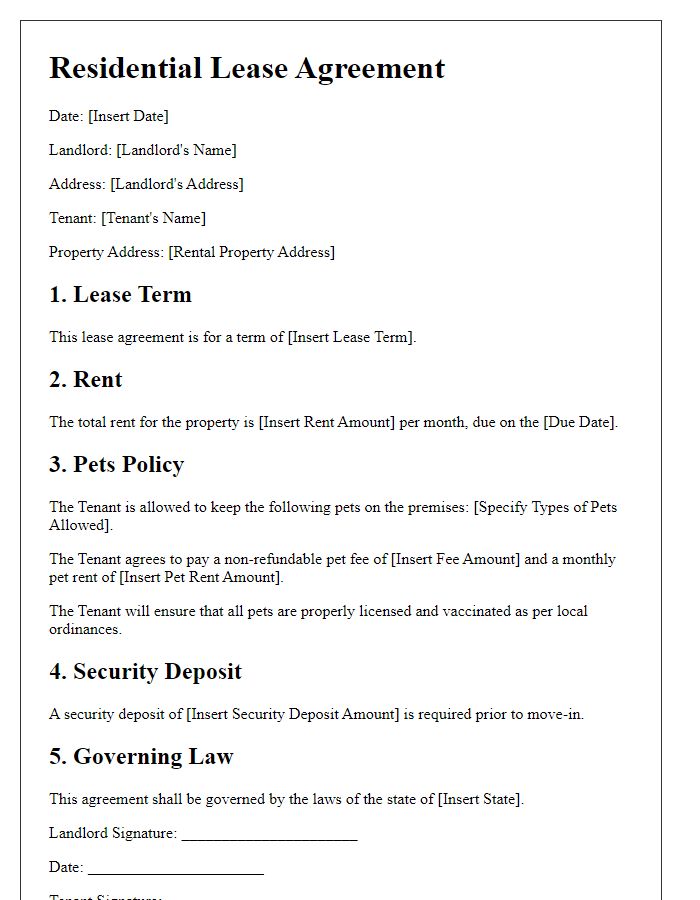 Letter template of residential lease agreement with pets policy