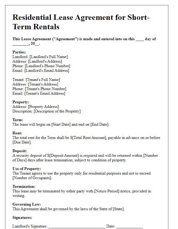 Letter template of residential lease agreement for short-term rentals