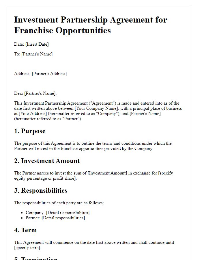 Letter template of Investment Partnership Agreement for Franchise Opportunities