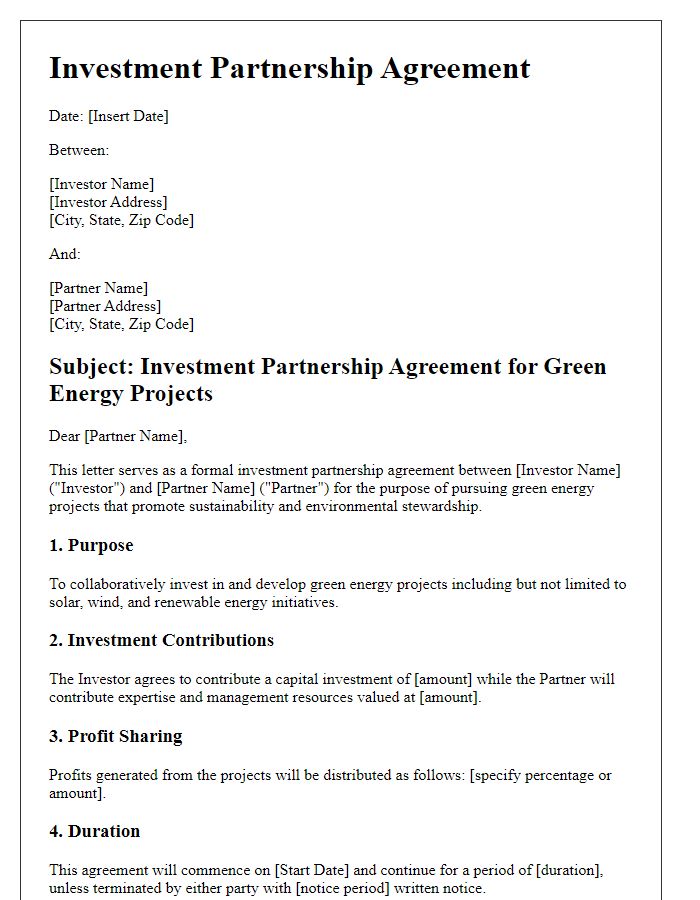 Letter template of Investment Partnership Agreement for Green Energy Projects