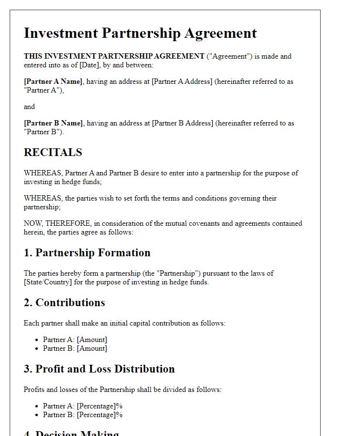 Letter template of Investment Partnership Agreement for Hedge Fund Collaborations