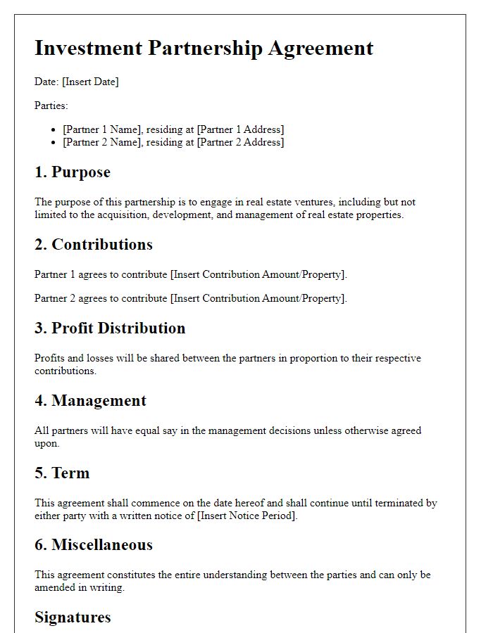 Letter template of Investment Partnership Agreement for Real Estate Ventures