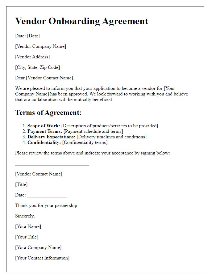 Letter template of vendor onboarding agreement