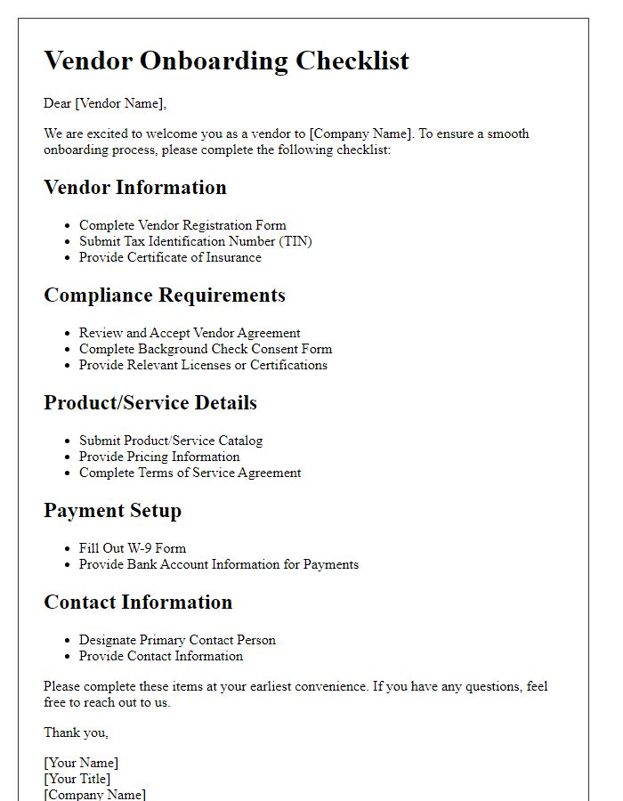 Letter template of vendor onboarding checklist