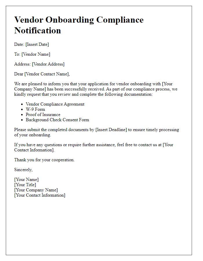 Letter template of vendor onboarding compliance notification