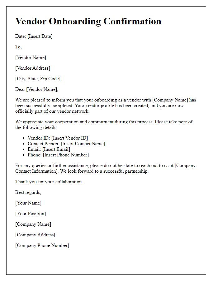 Letter template of vendor onboarding confirmation