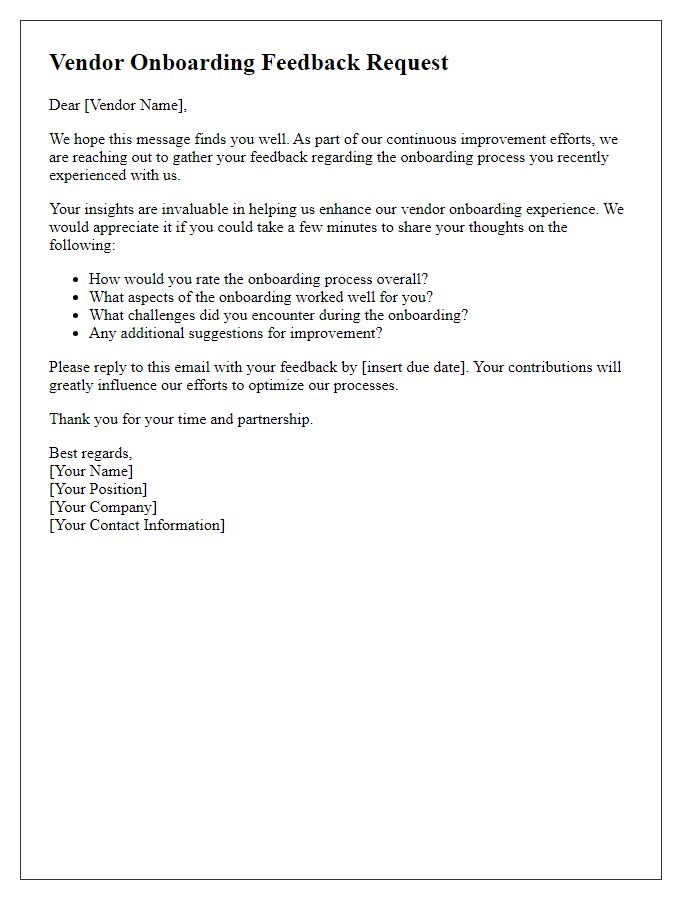 Letter template of vendor onboarding feedback solicitation