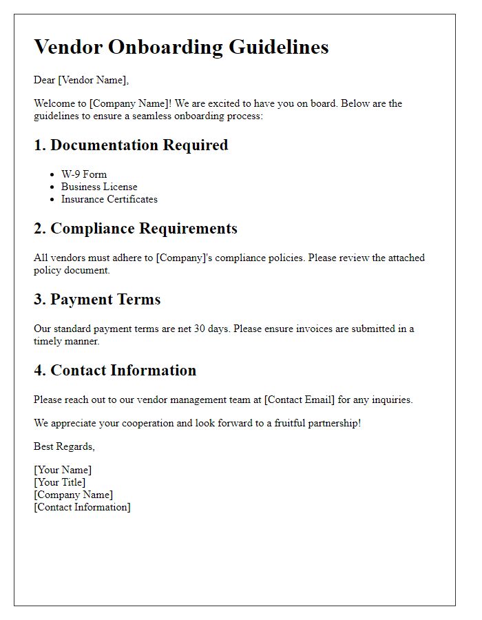 Letter template of vendor onboarding guidelines